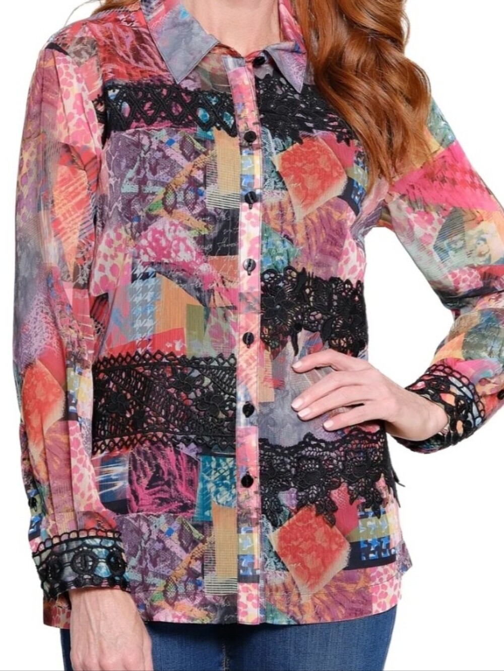 John Mark Tunic Blouse Patch Print Lace Details Button Front Women's Size 3X NWT